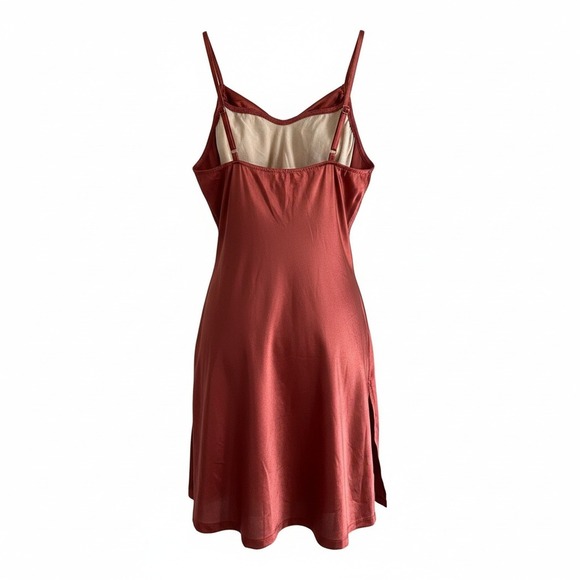 Rust Copper Satin Slip Mini Dress Built-in Bodysuit Side Slit Womens XS Y2K 90's - Picture 4 of 12
